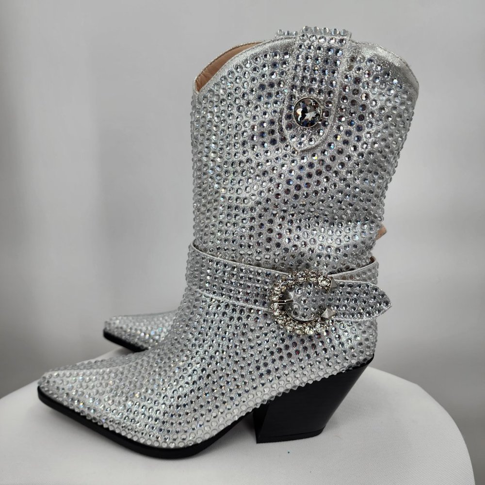 AZALEA WANG Federica Silver Crystal Shortie Western Cowgirl Boots 6-10 NWT - Picture 6 of 10